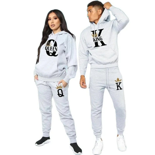 Men and Women Sweater Set KING QUEEN Loose Relaxed Hooded Print Couple Set
