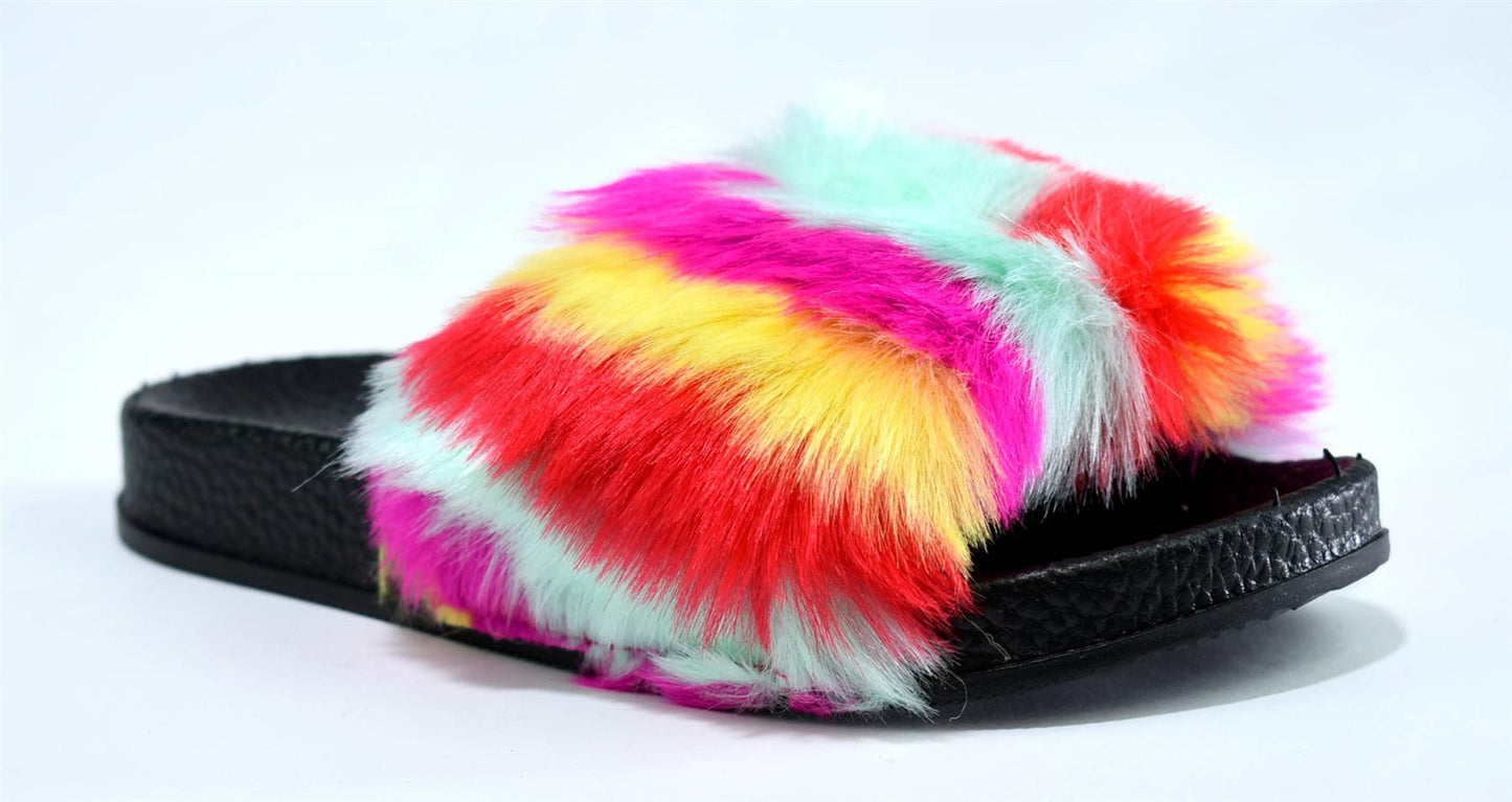 Kids  Faux Fur Slider Rainbow Shoes