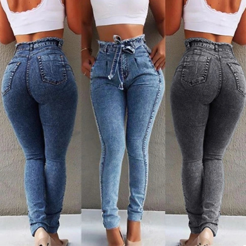 Women Belted High Waist Jeans