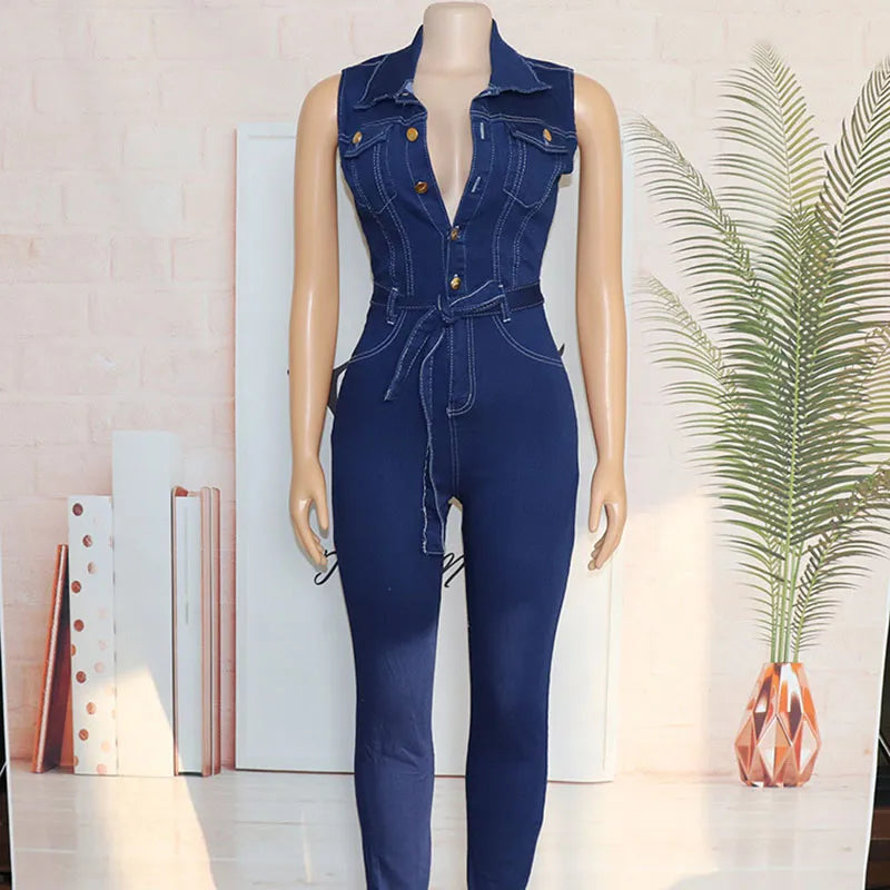 Women Solid Elastic Sleeveless Button Denim Jumpsuit