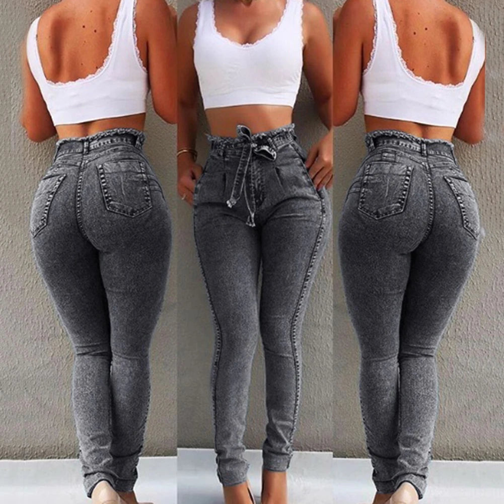 Women Belted High Waist Jeans