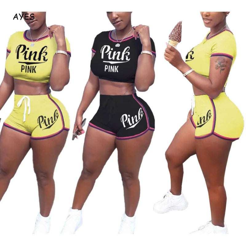 Pink Printed  Plus Size Women Crop Two Piece Set