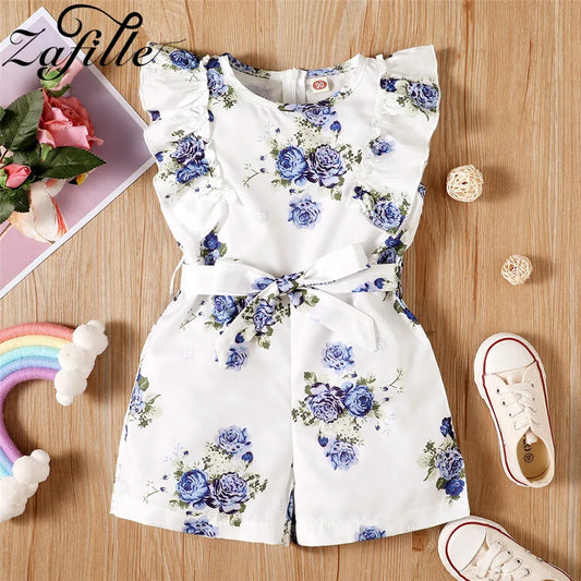 ZAFILLE Children's Overalls Belted Purple Floral Print Girl's Rompers Cute Kids Baby Playsuit Girls Jumpers For Kids Jumpsuit