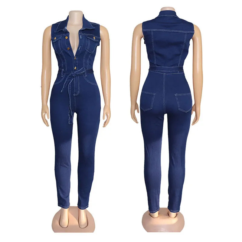 Women Solid Elastic Sleeveless Button Denim Jumpsuit