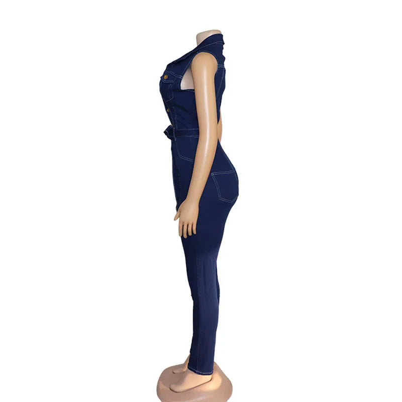 Women Solid Elastic Sleeveless Button Denim Jumpsuit