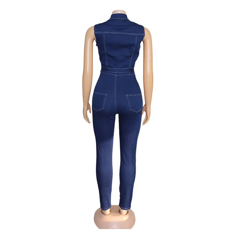 Women Solid Elastic Sleeveless Button Denim Jumpsuit