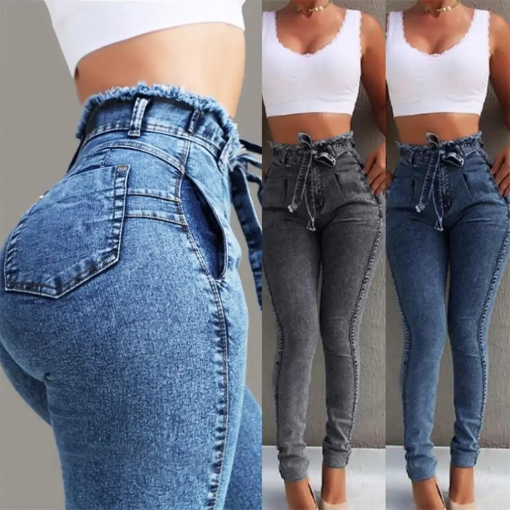 Women Belted High Waist Jeans