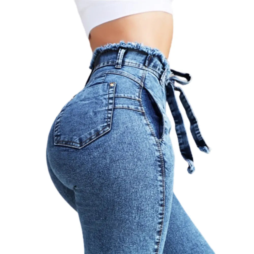 Women Belted High Waist Jeans