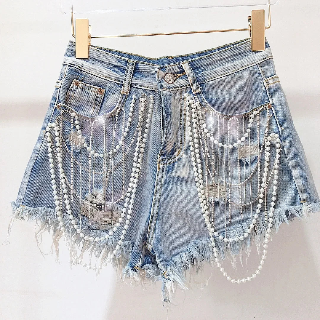 Women Denim Pearl Pendant Shorts