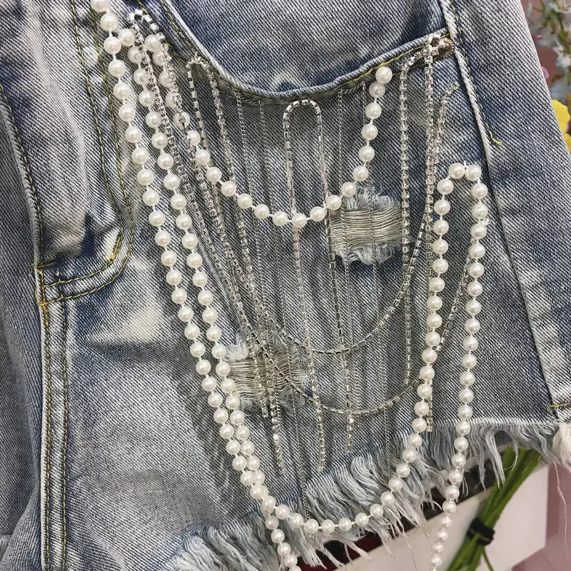 Women Denim Pearl Pendant Shorts