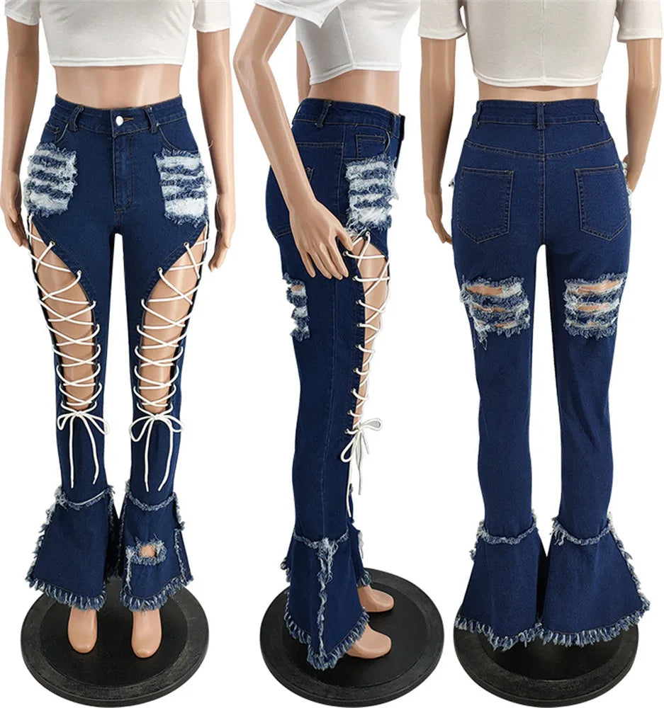 Women Plus Size  Bandage High Waist Tassel Denim Pants