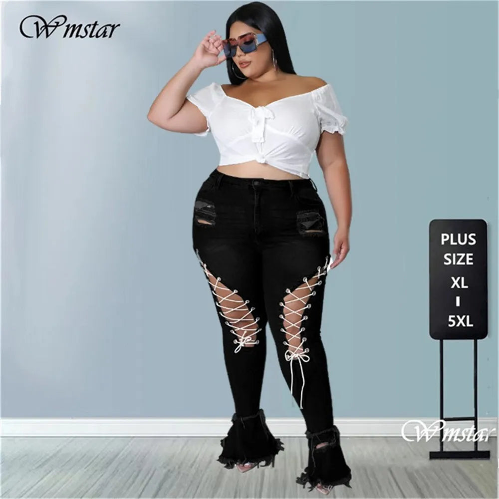 Women Plus Size  Bandage High Waist Tassel Denim Pants