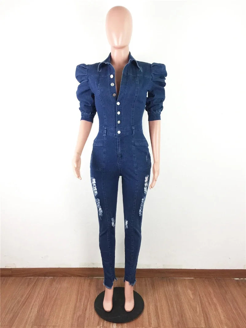 Women Puff Sleeve Ripped Denim  Romper