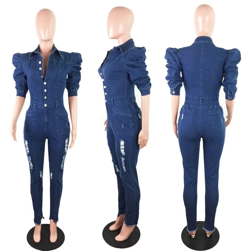 Women Puff Sleeve Ripped Denim  Romper