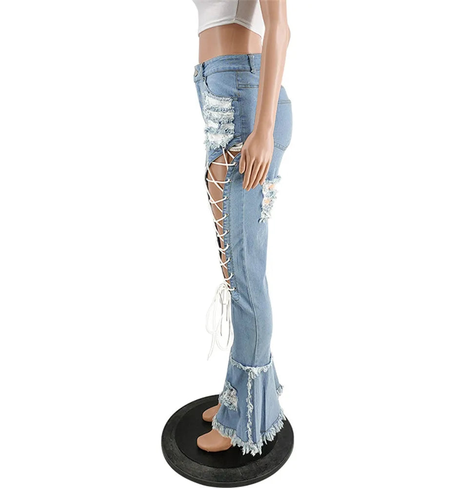 Women Plus Size  Bandage High Waist Tassel Denim Pants