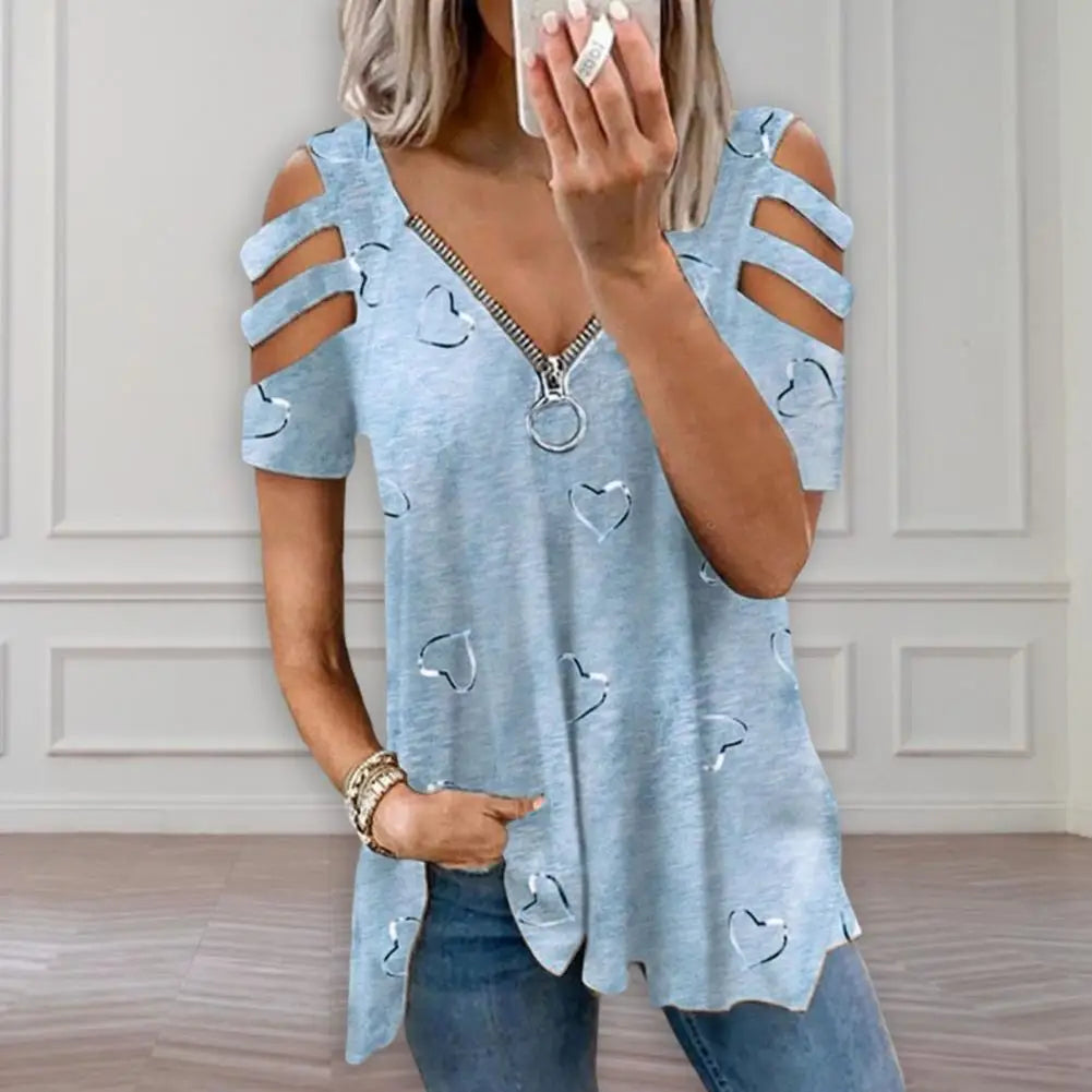 Women V Neck Low-cut Hollow Out Blouse