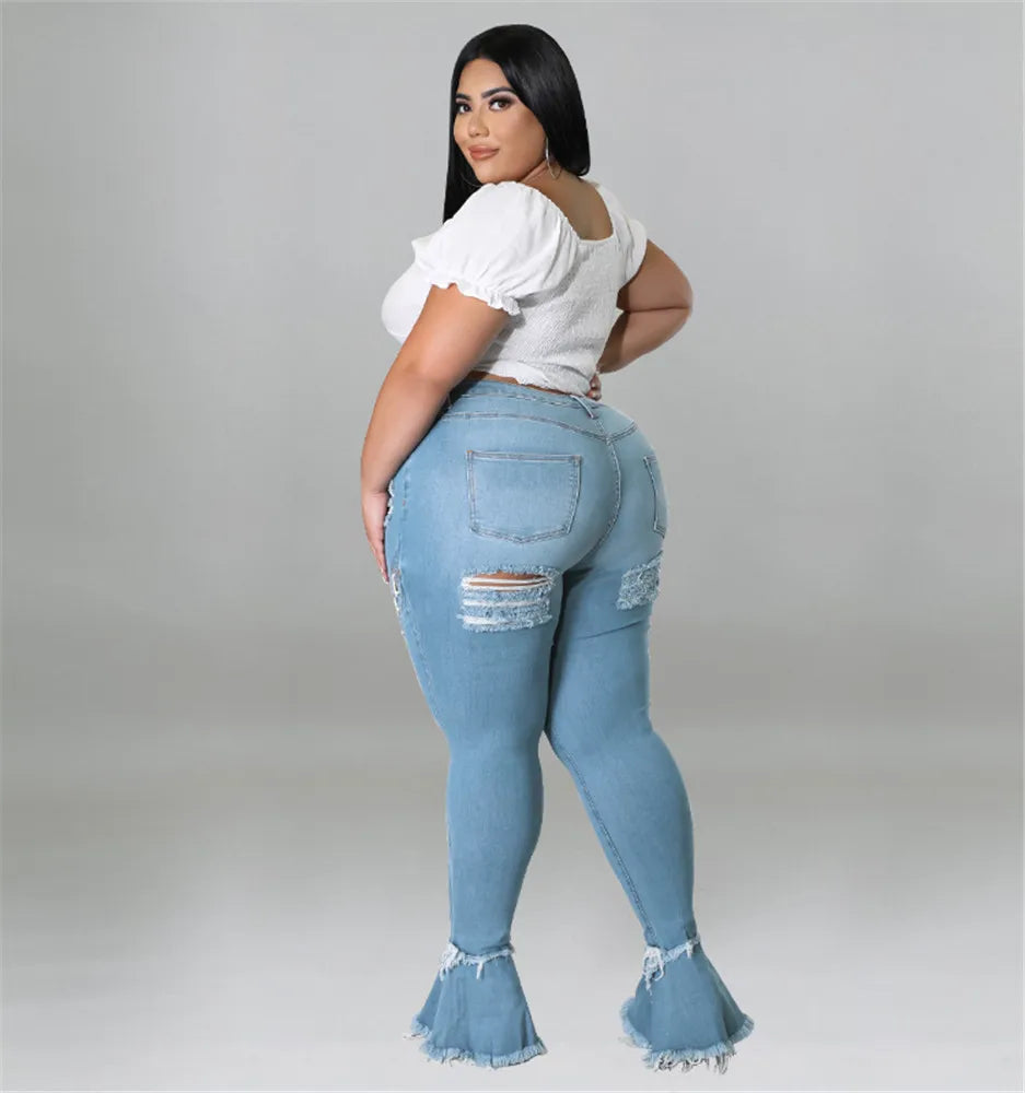 Women Plus Size  Bandage High Waist Tassel Denim Pants