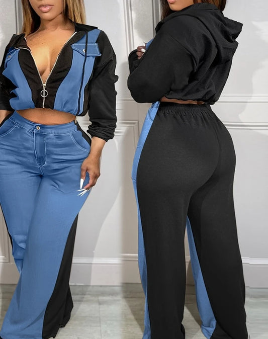 Women Blue Color Blocked Zip Up  High Waisted Pants Set