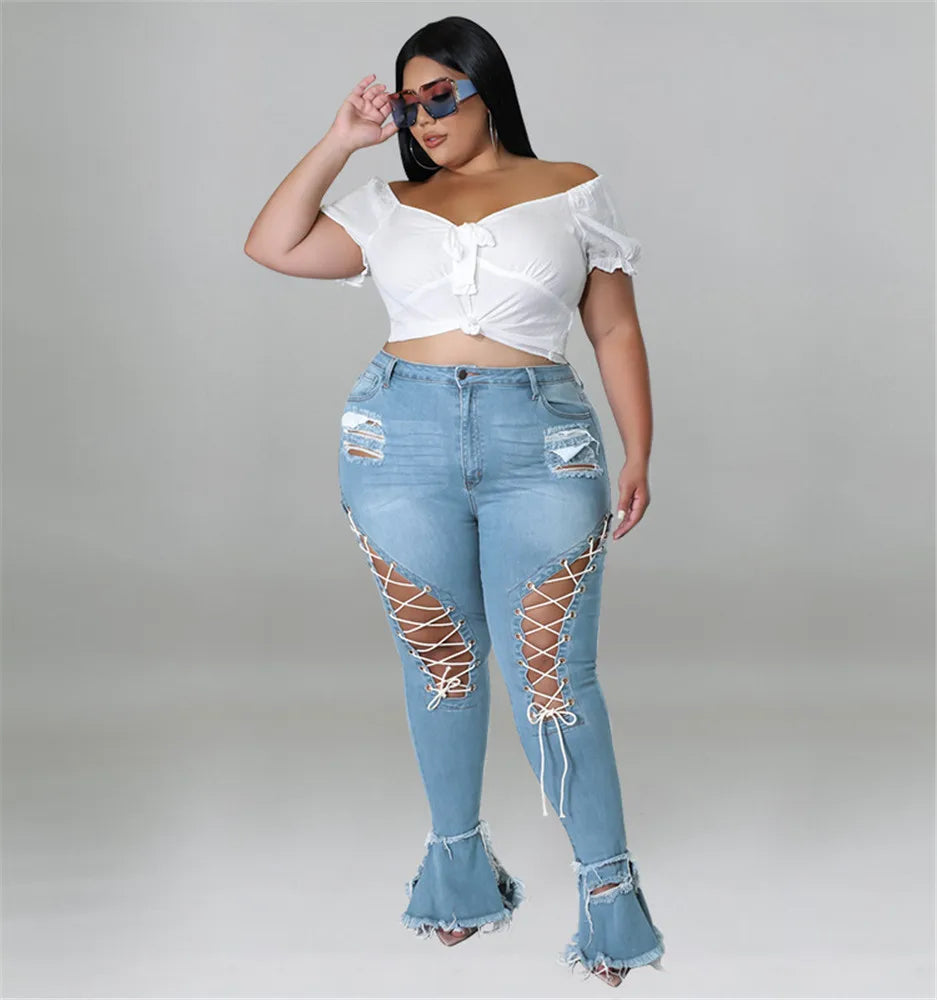 Women Plus Size  Bandage High Waist Tassel Denim Pants