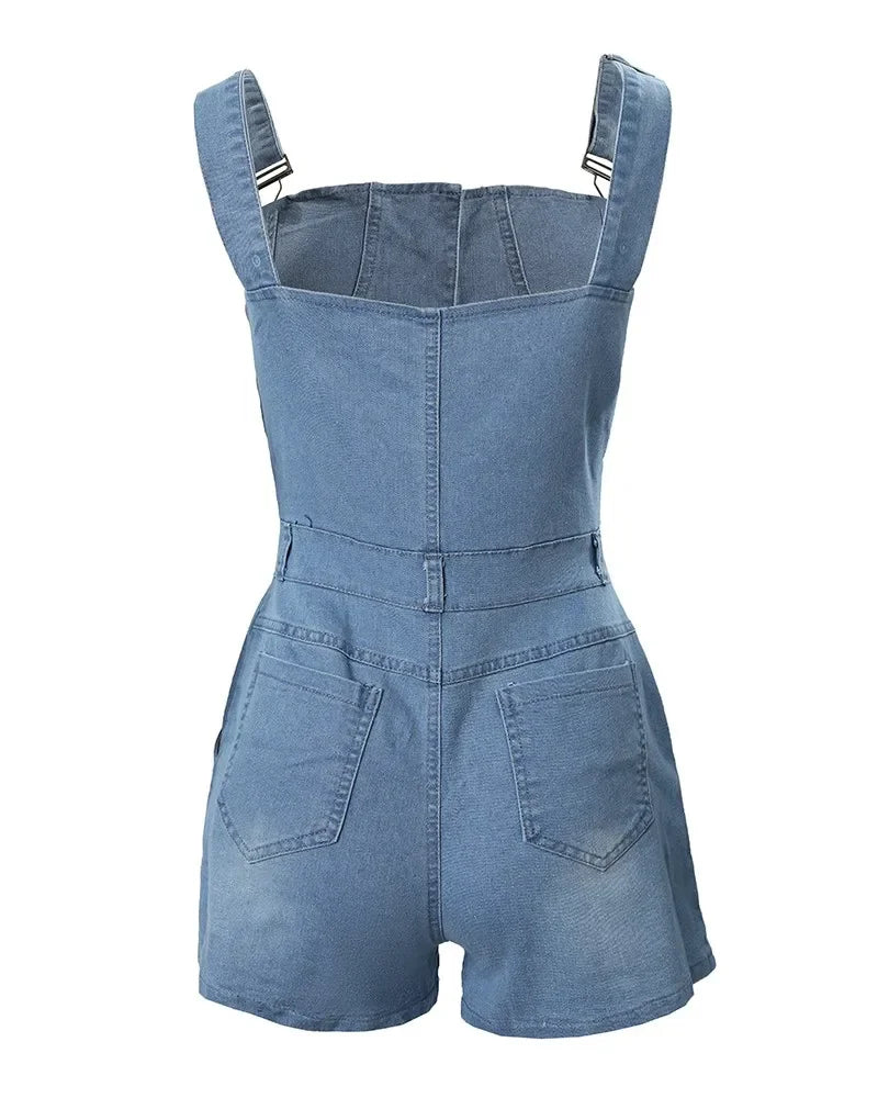 Women Thin Strap Buttoned Denim Romper