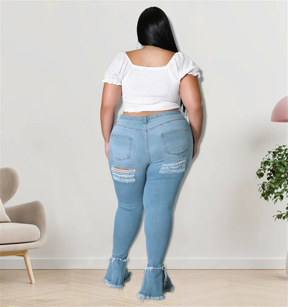 Women Plus Size  Bandage High Waist Tassel Denim Pants