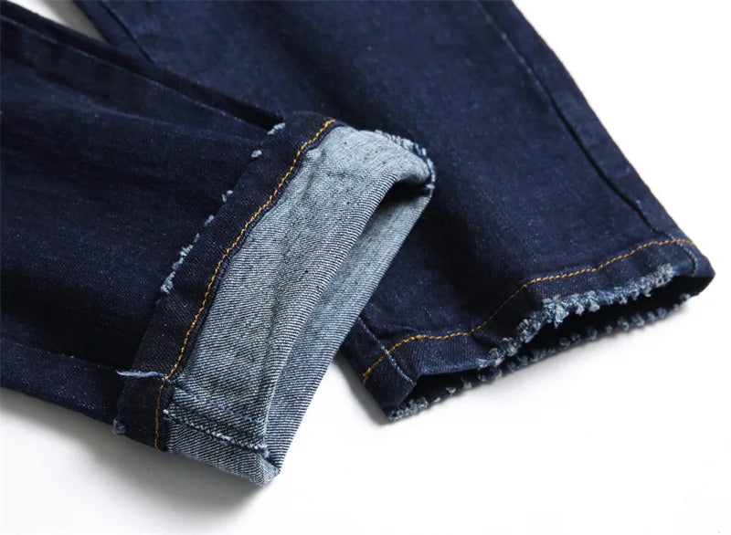 Men Slim-fit Patchworks Dark Blue Jeans