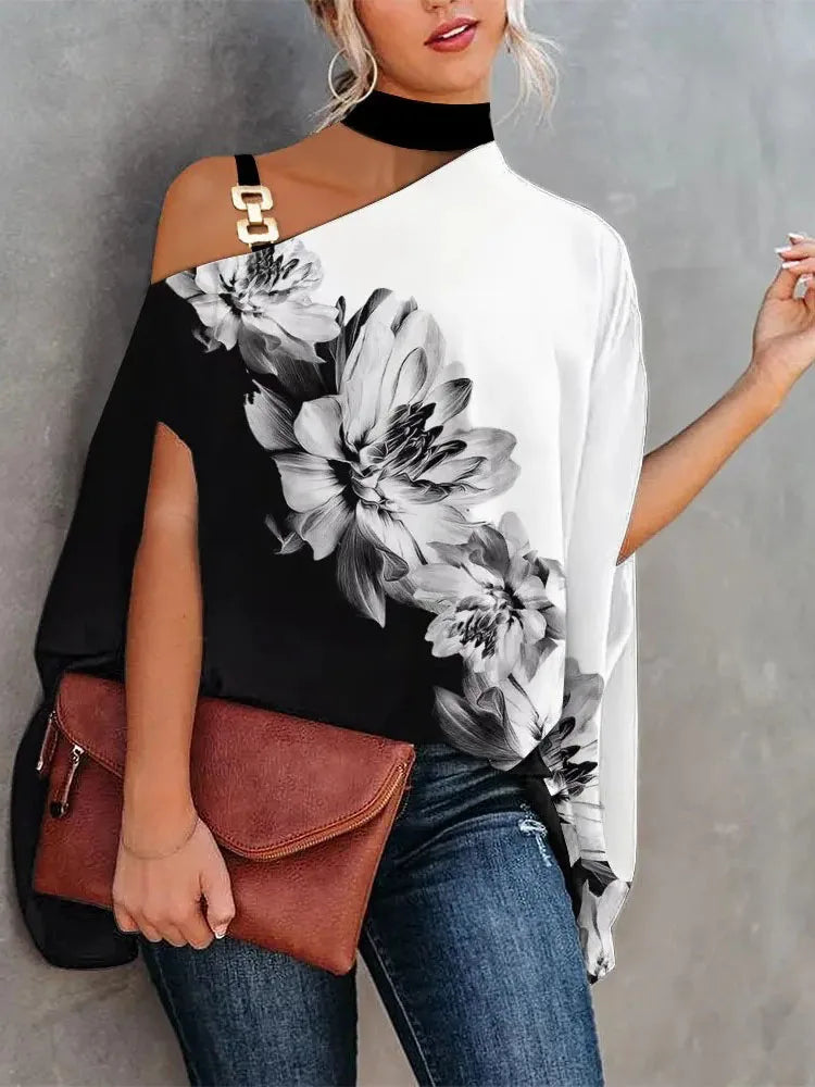 Women Slant Neck Off Shoulder Loose Shirt