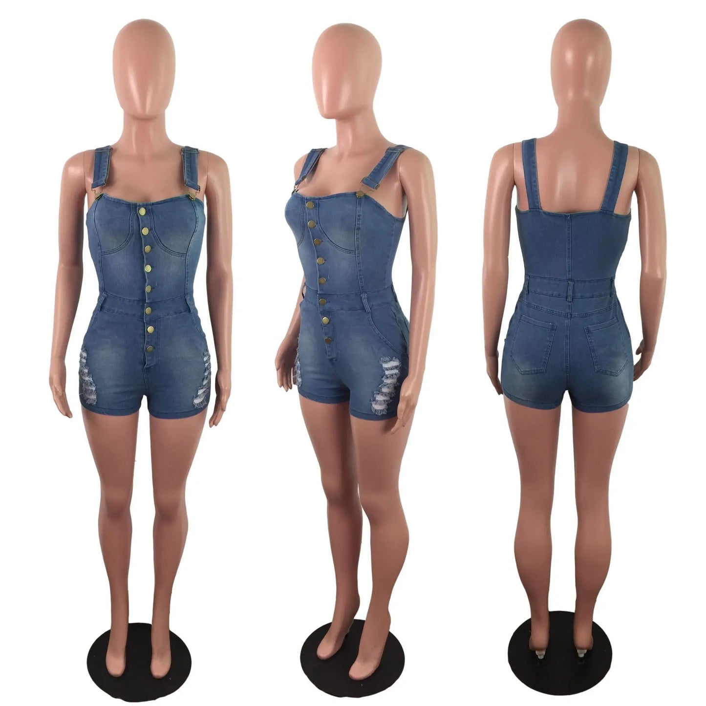 Women Thin Strap Buttoned Denim Romper