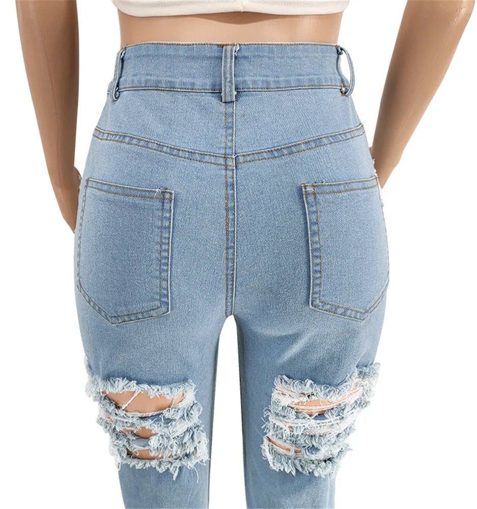 Women Plus Size  Bandage High Waist Tassel Denim Pants