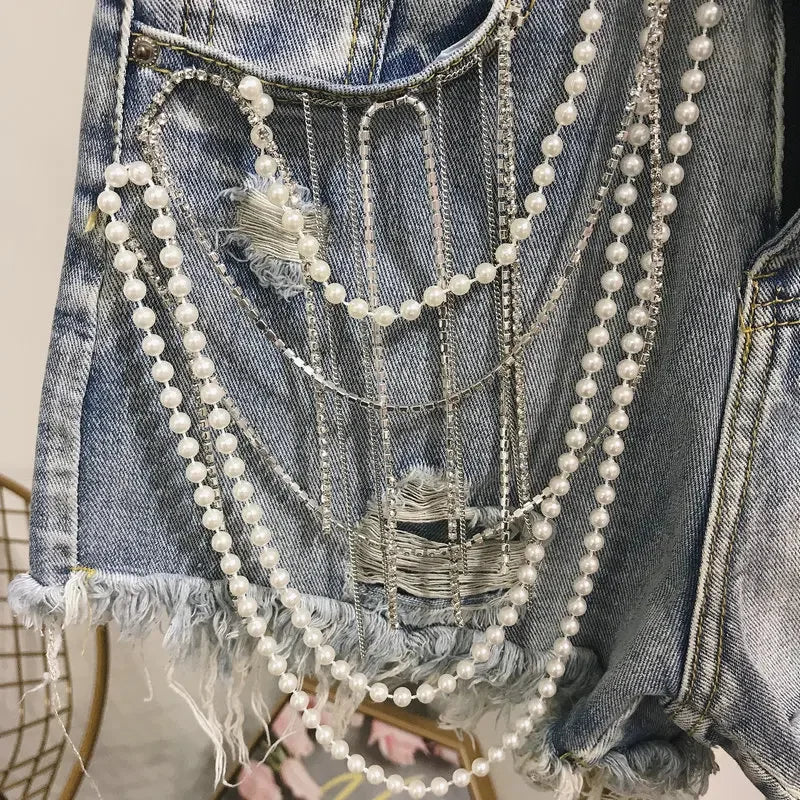 Women Denim Pearl Pendant Shorts