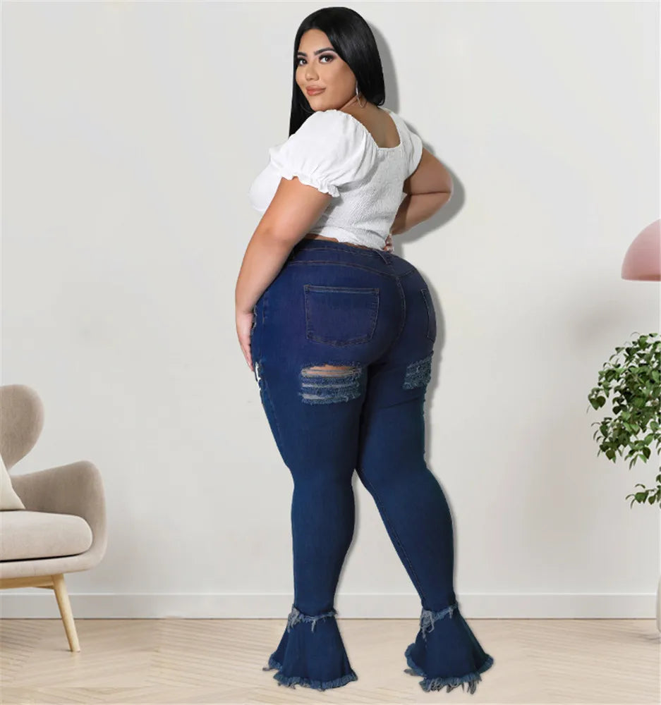 Women Plus Size  Bandage High Waist Tassel Denim Pants