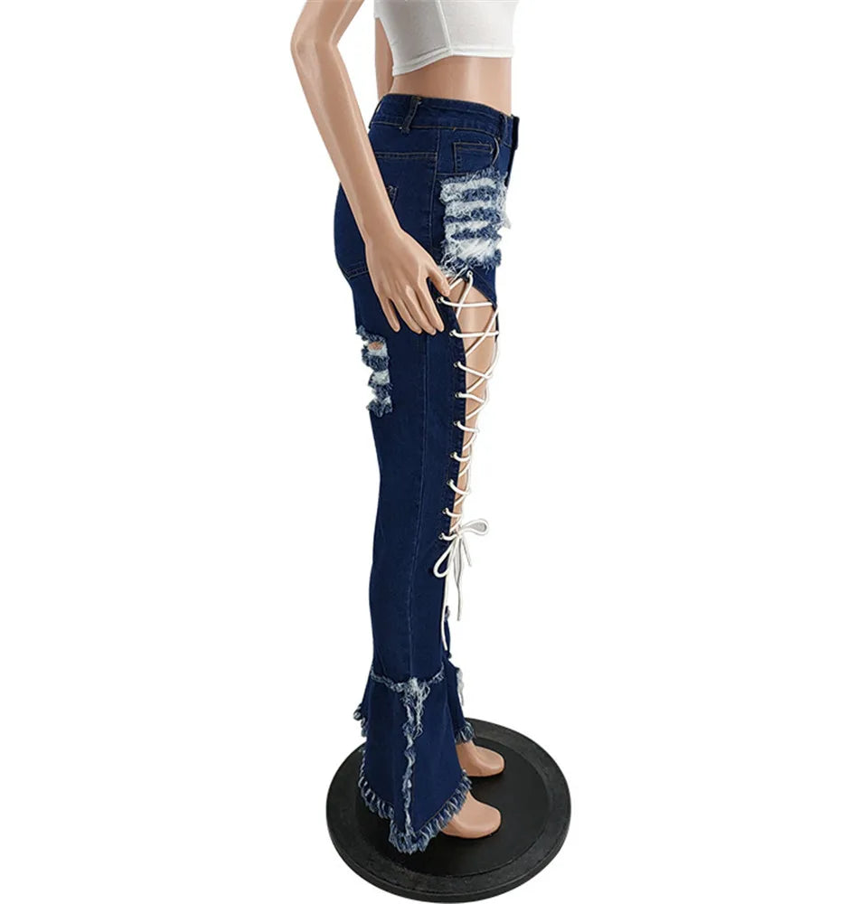 Women Plus Size  Bandage High Waist Tassel Denim Pants