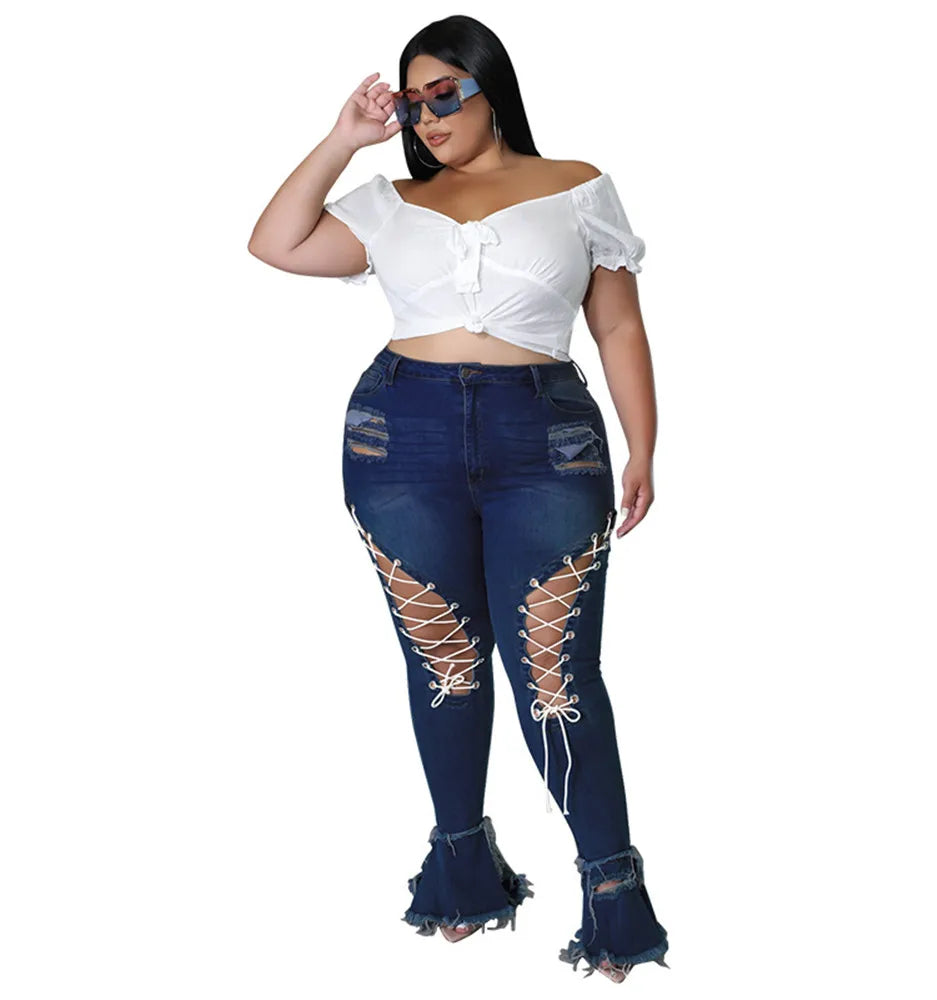 Women Plus Size  Bandage High Waist Tassel Denim Pants