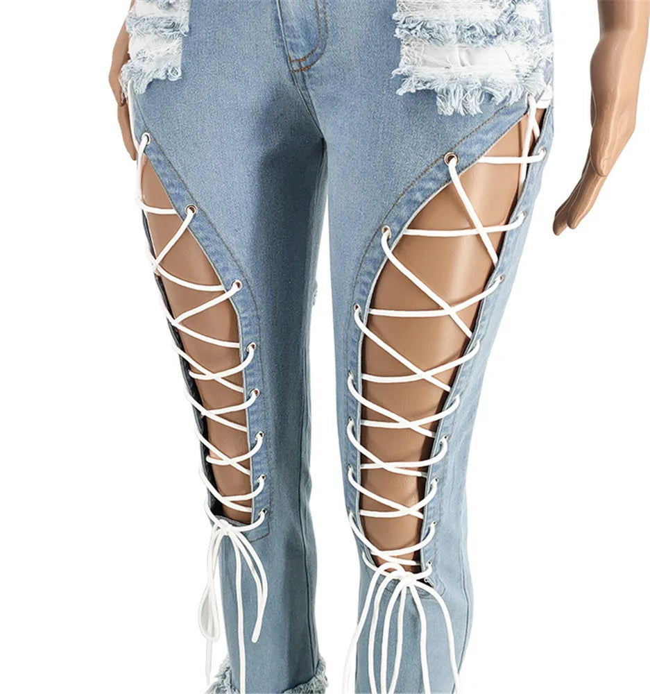 Women Plus Size  Bandage High Waist Tassel Denim Pants