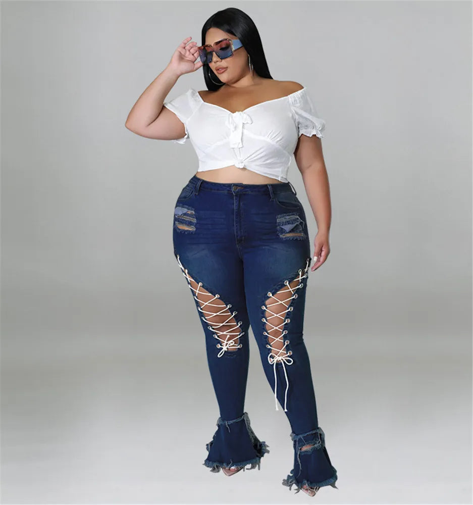 Women Plus Size  Bandage High Waist Tassel Denim Pants