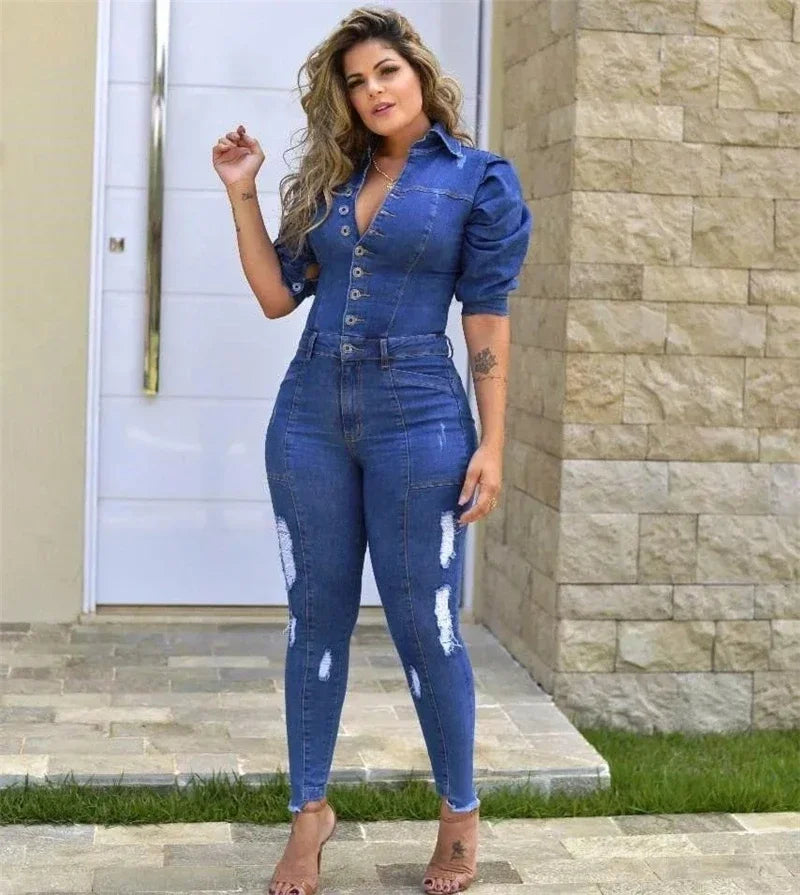 Women Puff Sleeve Ripped Denim  Romper