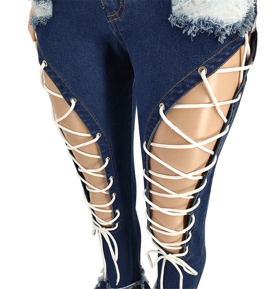 Women Plus Size  Bandage High Waist Tassel Denim Pants