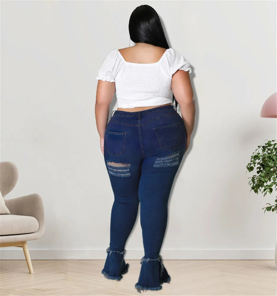 Women Plus Size  Bandage High Waist Tassel Denim Pants