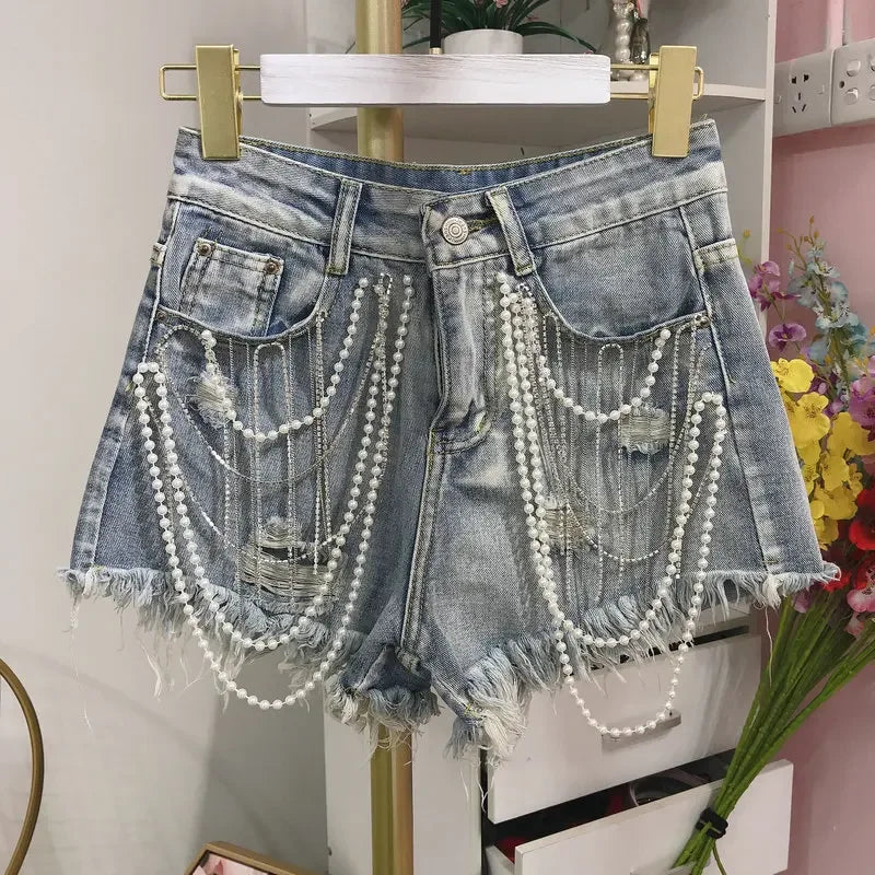 Women Denim Pearl Pendant Shorts