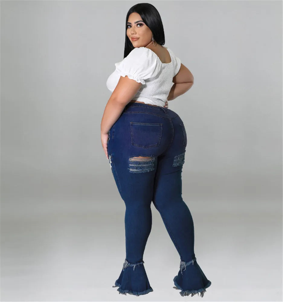 Women Plus Size  Bandage High Waist Tassel Denim Pants