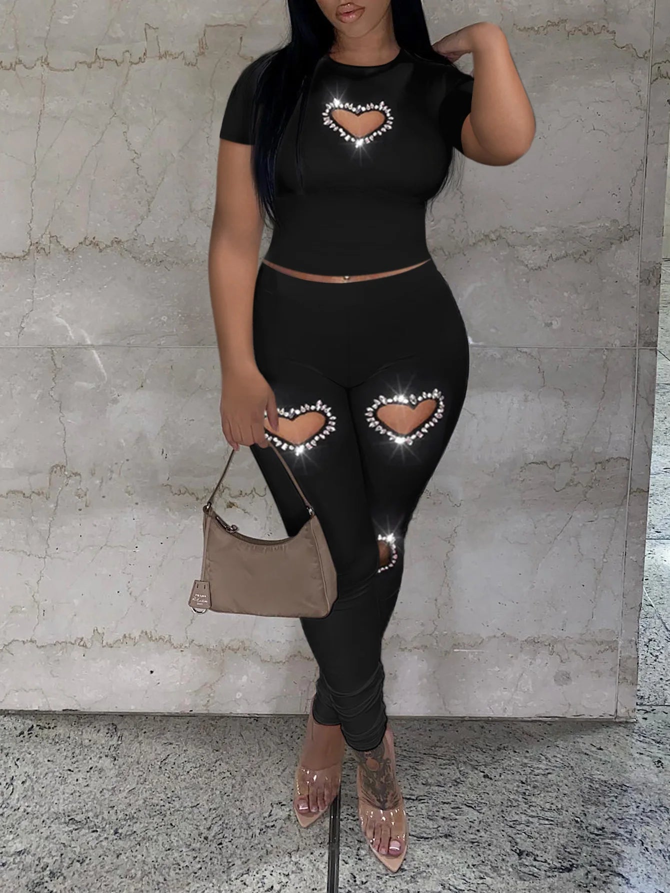 Women Plus Size Crop Top Rhinestone Heart Decor Pants Set