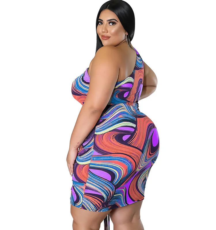 Women Plus Size Single Shoulder Hollow Out Mini Dress
