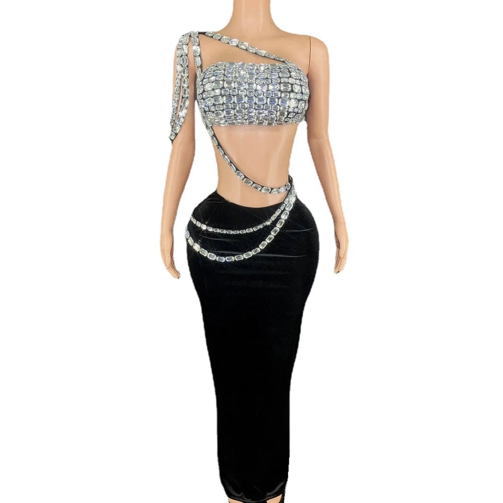 Women Sparkly Diamonds Tube Top Long Skirt Two Piece Set