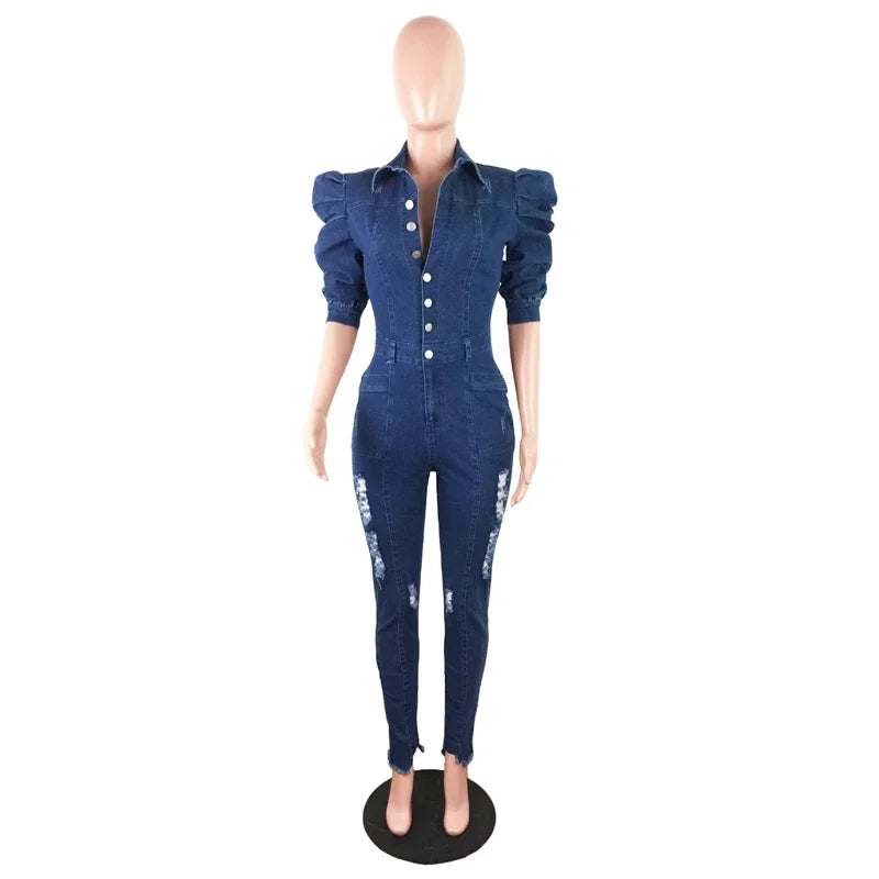 Women Puff Sleeve Ripped Denim  Romper