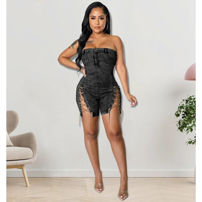 Women Denim Off Shoulder Romper