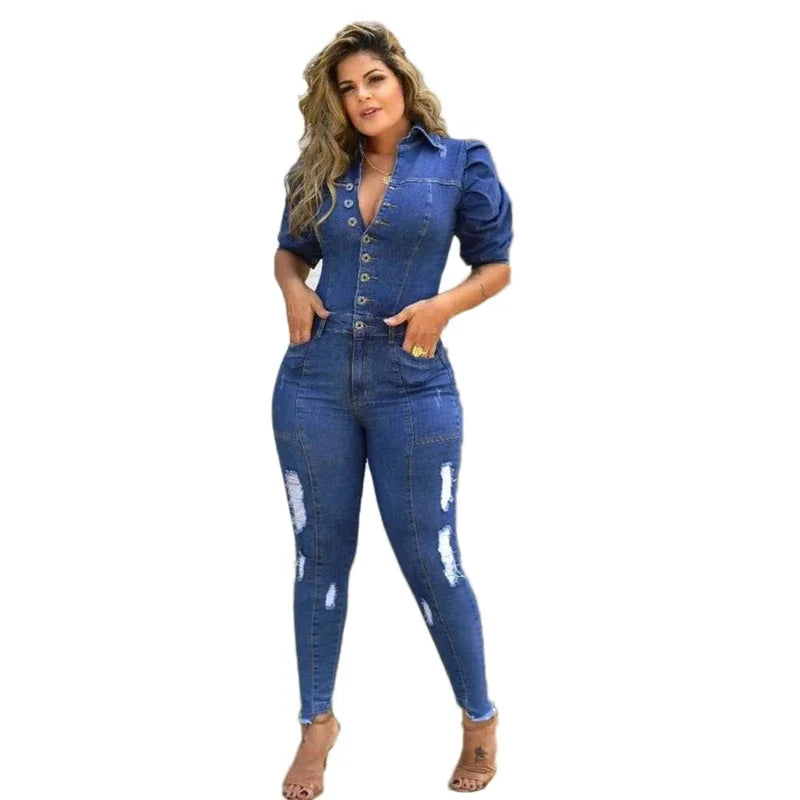 Women Puff Sleeve Ripped Denim  Romper