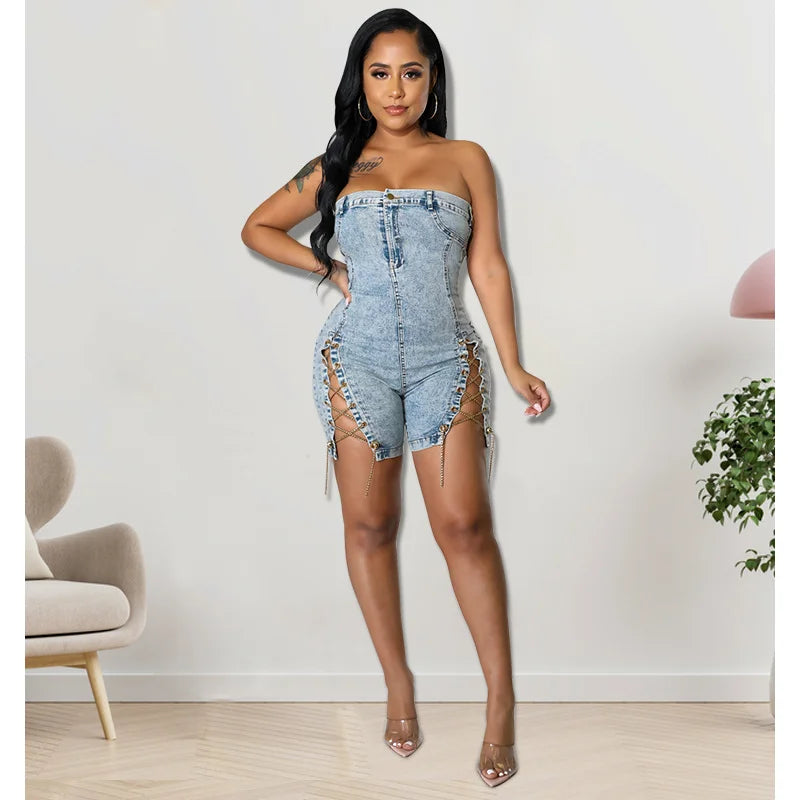 Women Denim Off Shoulder Romper