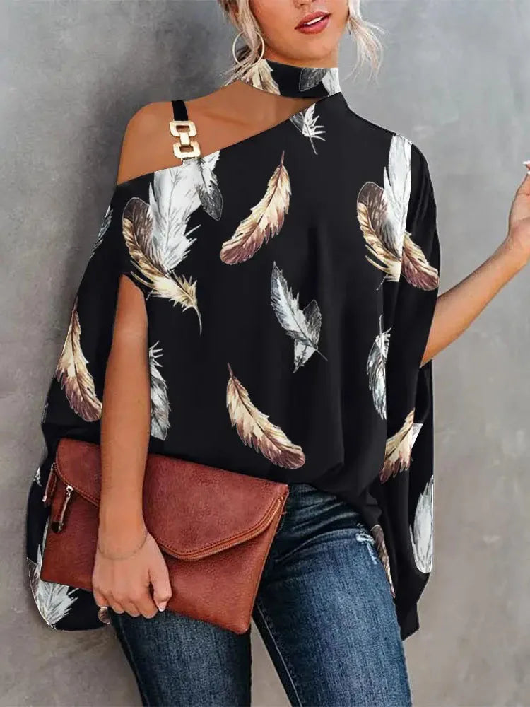 Women Slant Neck Off Shoulder Loose Shirt