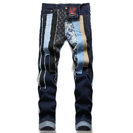 Men Slim-fit Patchworks Dark Blue Jeans