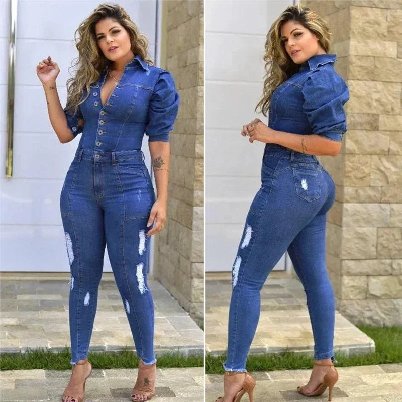 Women Puff Sleeve Ripped Denim  Romper